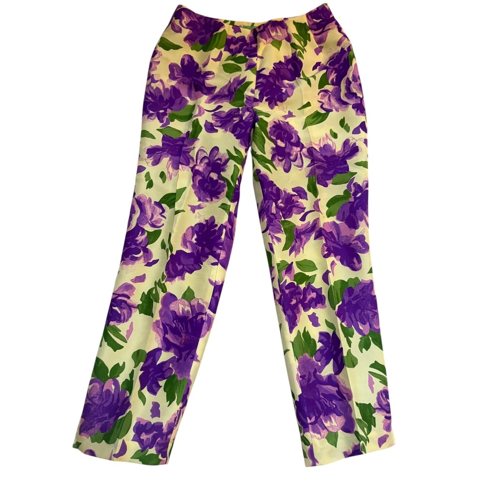 Tibi Floral Print Silk Pants Purple Green Yellow High Waist Size 2/4